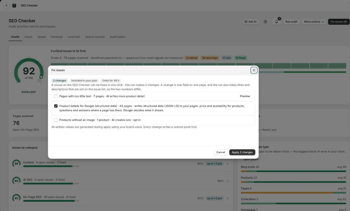 The fix dialog listing groups such as search titles, search descriptions and alt text