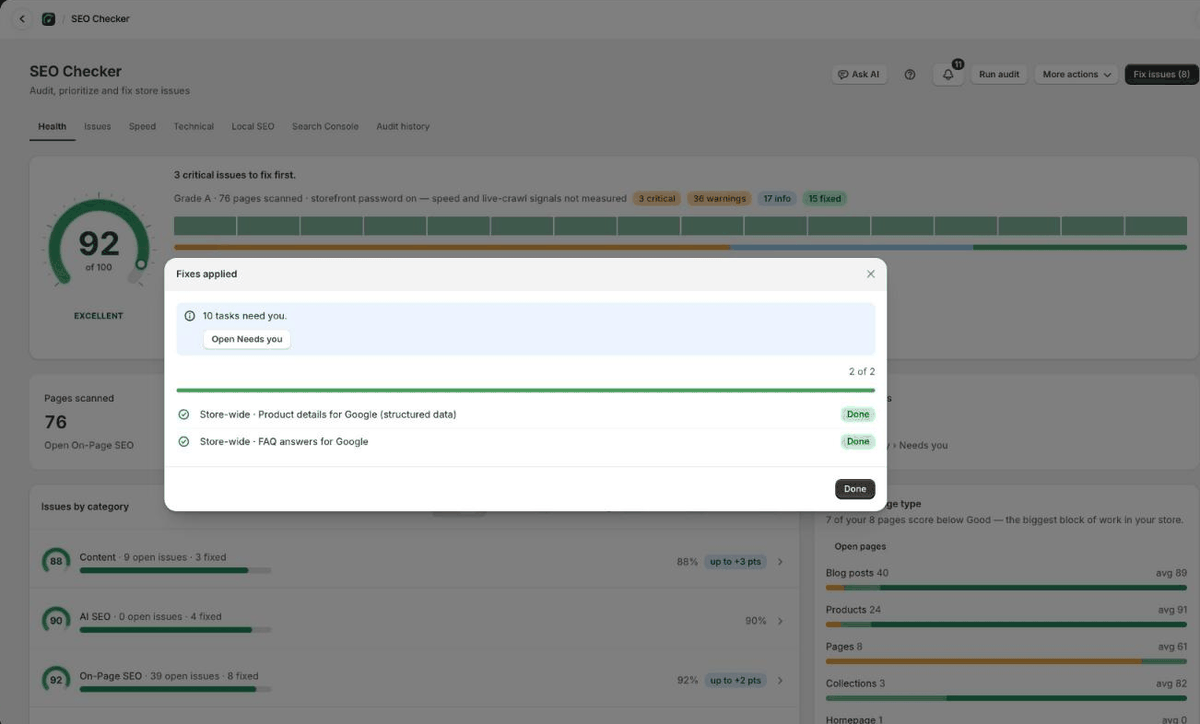 The fix dialog after a run, with each change marked as confirmed